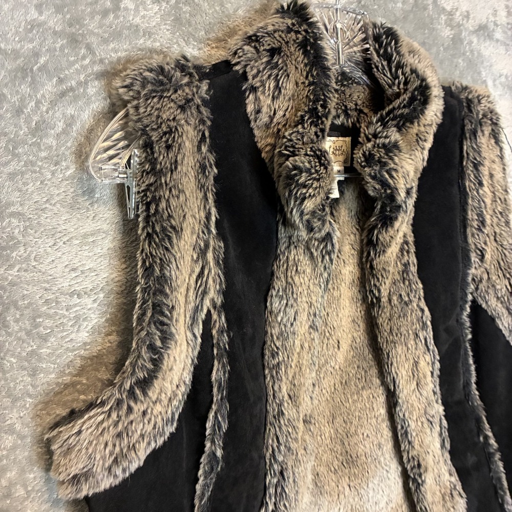 Vtg Live A Little Black Suede Leather Vest M Plush Shaggy Fur Penny Lane Y2K